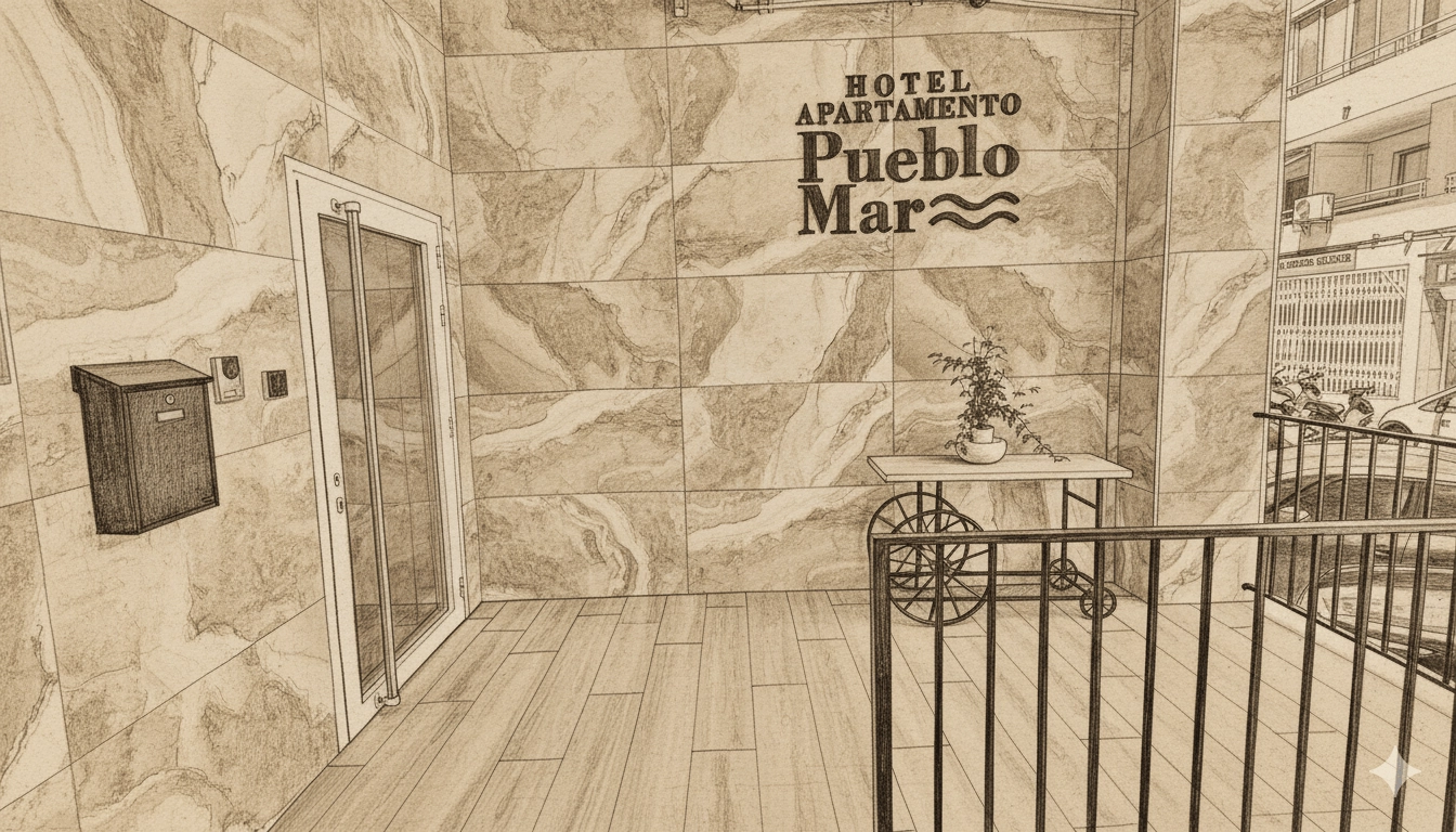 Courtyard entrance of Apartamentos Pueblo Mar in Calpe at sunset